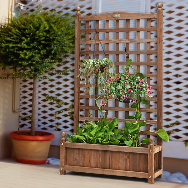 Costway Fioriera da esterno in legno massiccio con traliccio struttura resistente alle intemperie, Fioriera per giardino per piante rampicanti Marrone