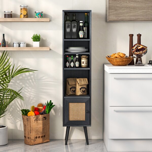 Costway Armadietto boho con porta in rattan gambe in legno massello, Mobile sottile autonomo ripiano regolabile Nero