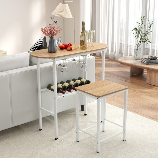 Costway Tavolo da pranzo ovale con portabottiglie e 2 sgabelli, Set da tavolo alto a 3 pezzi portabicchieri da vino Naturale