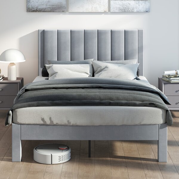 Costway Struttura letto matrimoniale 200x140 CM con testiera in velluto morbido e supporto doghe, Letto piattaforma imbottito Grigio