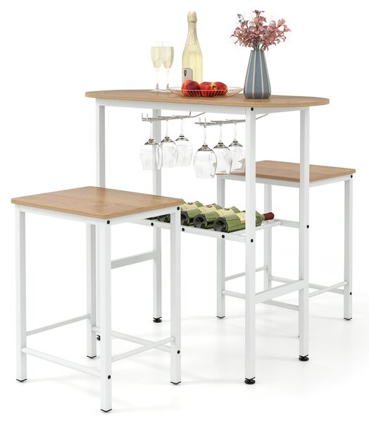 Costway Tavolo da pranzo ovale con portabottiglie e 2 sgabelli, Set da tavolo alto a 3 pezzi portabicchieri da vino Naturale