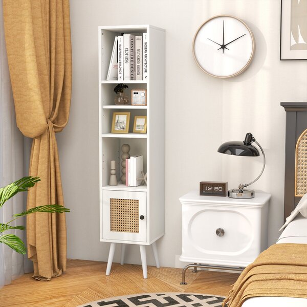 Costway Armadietto boho con porta in rattan gambe in legno massello, Mobile sottile autonomo ripiano regolabile Bianco