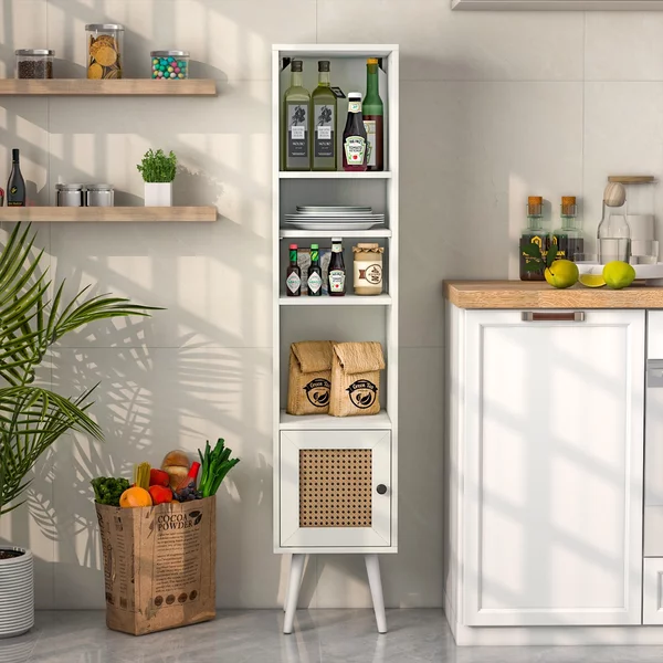 Costway Armadietto boho con porta in rattan gambe in legno massello, Mobile sottile autonomo ripiano regolabile Bianco