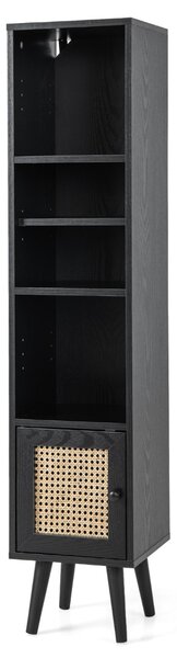 Costway Armadietto boho con porta in rattan gambe in legno massello, Mobile sottile autonomo ripiano regolabile Nero