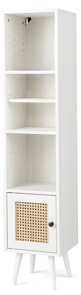 Costway Armadietto boho con porta in rattan gambe in legno massello, Mobile sottile autonomo ripiano regolabile Bianco