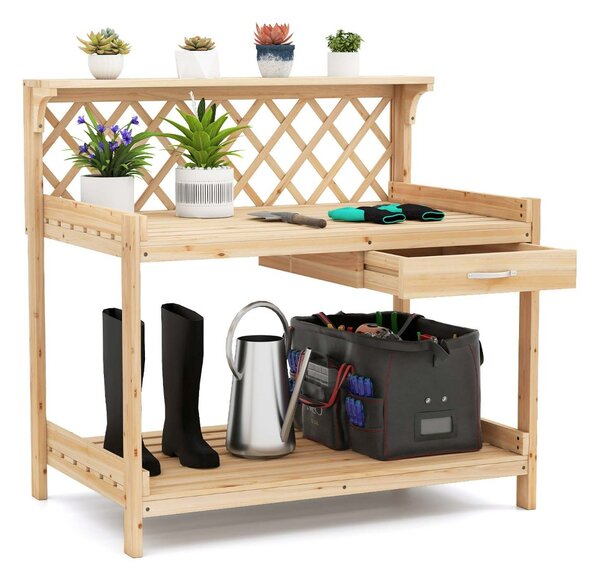Costway Tavolo da giardinaggio con traliccio e cassetto rimovibile, Panchina per vasi di fiori da interno ed esterno Naturale
