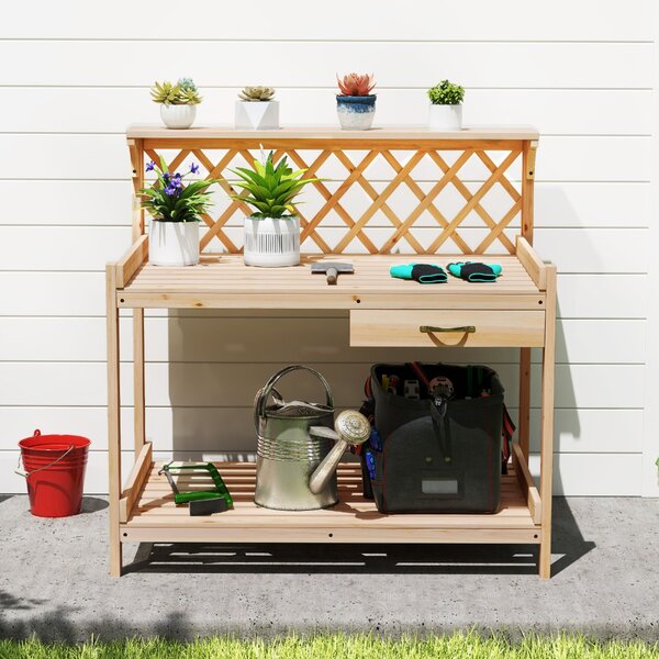 Costway Tavolo da giardinaggio con traliccio e cassetto rimovibile, Panchina per vasi di fiori da interno ed esterno Naturale