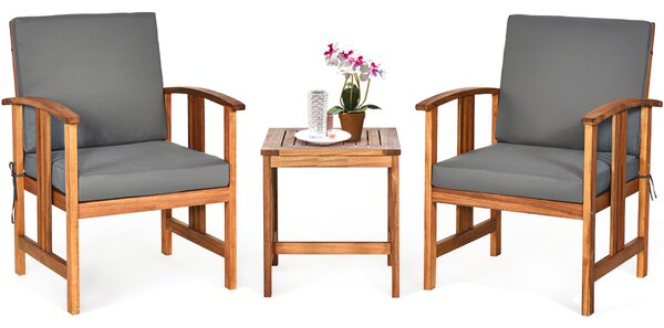 Costway Set divano da esterno in legno di acacia a 3 pezzi con cuscini, Set di mobili da conversazione imbottiti per giardino Grigio