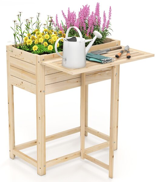 Costway Letto da giardino rialzato in legno con gambe e tavolino laterale pieghevole, Fioriera elevata per fiori e verdure Naturale