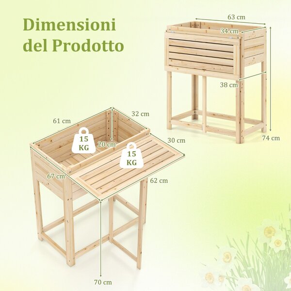 Costway Letto da giardino rialzato in legno con gambe e tavolino laterale pieghevole, Fioriera elevata per fiori e verdure Naturale