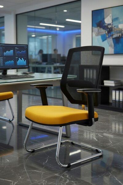 Sedia da ufficio gialla con braccioli ergonomici e rivestimento in rete