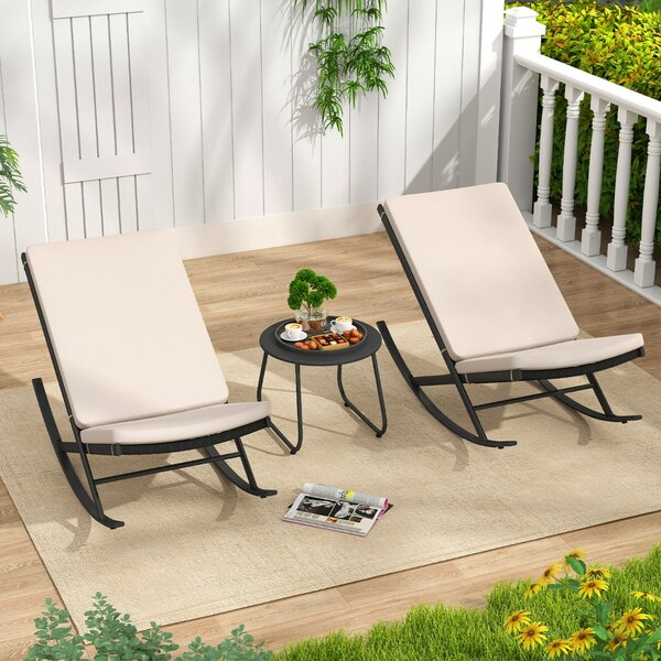 Costway Set sedie a dondolo da 3 pezzi in rattan PE con tavolino da caffè e cuscini spessi, Set di mobili da giardino Beige