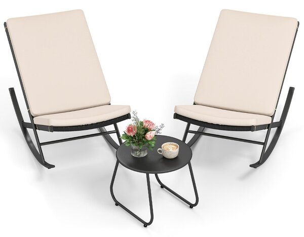 Costway Set sedie a dondolo da 3 pezzi in rattan PE con tavolino da caffè e cuscini spessi, Set di mobili da giardino Beige