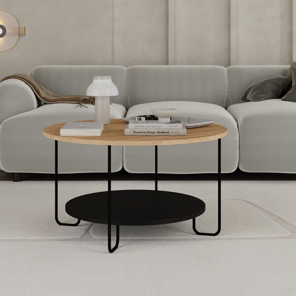 Tavolino rotondo con piano in rovere nero e naturale ø 80 cm Tonka - Marckeric
