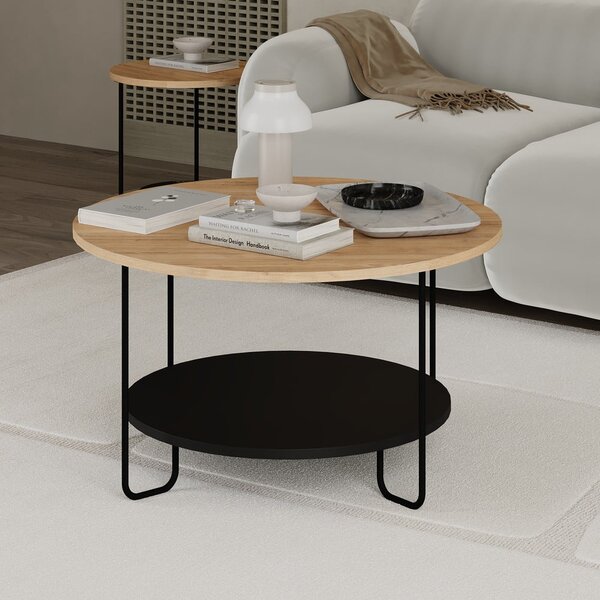 Tavolino rotondo con piano in rovere nero e naturale ø 80 cm Tonka - Marckeric