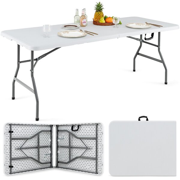 Costway Tavolo in plastica rinforzato con maniglia per picnic in metallo e piedini antiscivolo, Tavolo da pranzo pieghevole 180 CM Bianco