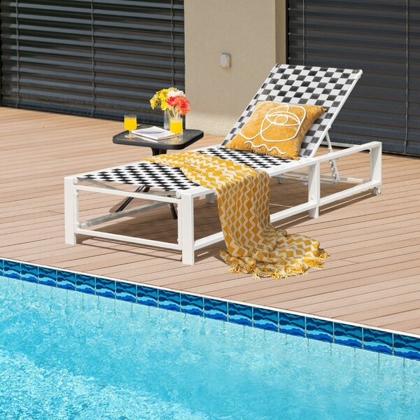 Costway Sdraio regolabile da patio con ruote e tessuto traspirante, Poltrona reclinabile da esterno per bordo piscina Nero e Bianco