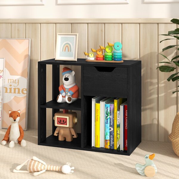 Costway Scaffale di stoccaggio espositivo in legno a 2 livelli per soggiorno, Libreria a 3 cubi con cassetto estraibile Nero