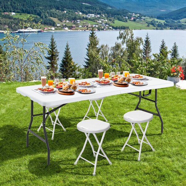 Costway Tavolo in plastica rinforzato con maniglia per picnic in metallo e piedini antiscivolo, Tavolo da pranzo pieghevole 180 CM Bianco
