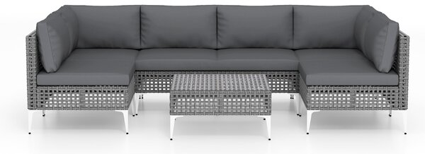 Costway Sedie in rattan per patio con tavolino da gaffè in vetro temperato per giardino, Set di mobili da esterno 7 pezzi con cuscini Grigio