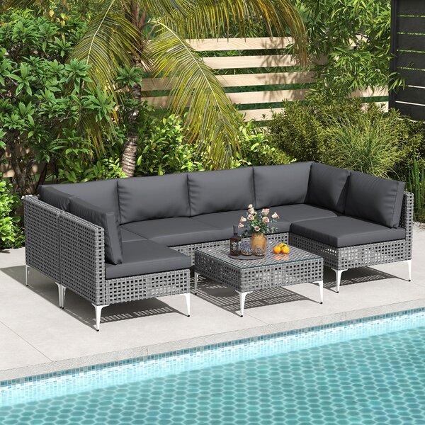 Costway Sedie in rattan per patio con tavolino da gaffè in vetro temperato per giardino, Set di mobili da esterno 7 pezzi con cuscini Grigio
