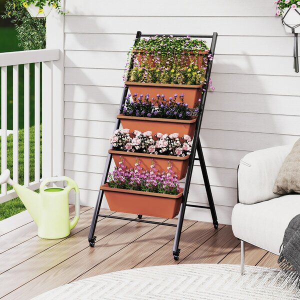 Costway Letto da giardino a 5 livelli con 5 contenitori per piante, Supporto da giardinaggio rialzato in metallo Marrone