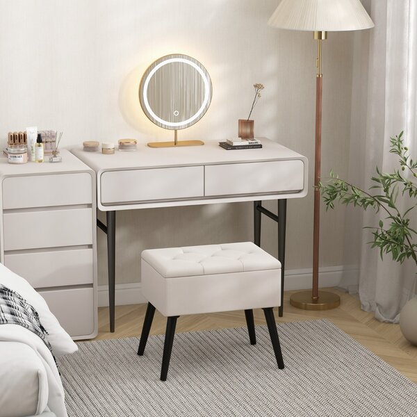 Costway Sgabello da toeletta con contenitore per camera da trucco e camera da letto, Pouf in velluto con gambe in legno massello Beige