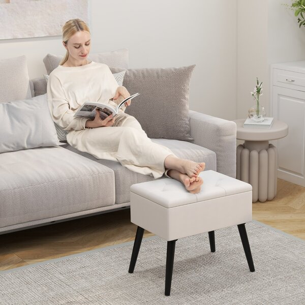 Costway Sgabello da toeletta con contenitore per camera da trucco e camera da letto, Pouf in velluto con gambe in legno massello Beige