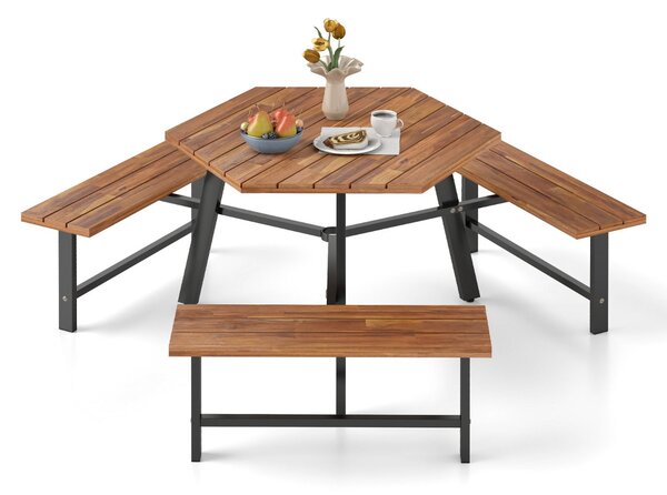 Costway Set tavolo da pranzo con panchine in legno di acacia per 6 persone, Tavolo da picnic con panchine foro per ombrellone Marrone