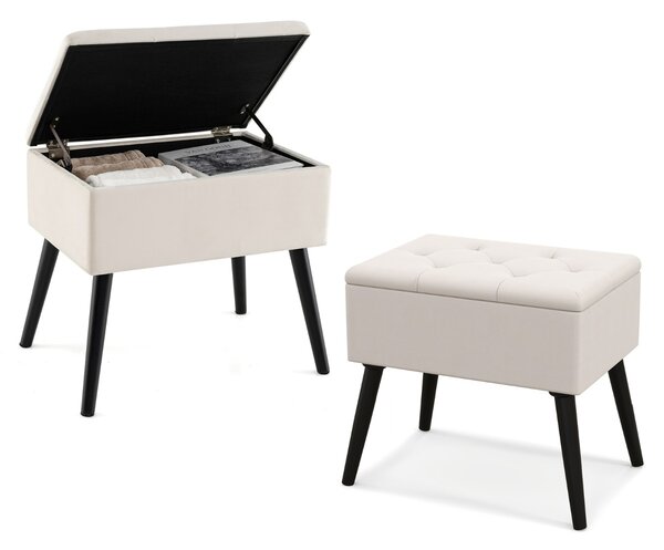 Costway Sgabello da toeletta con contenitore per camera da trucco e camera da letto, Pouf in velluto con gambe in legno massello Beige