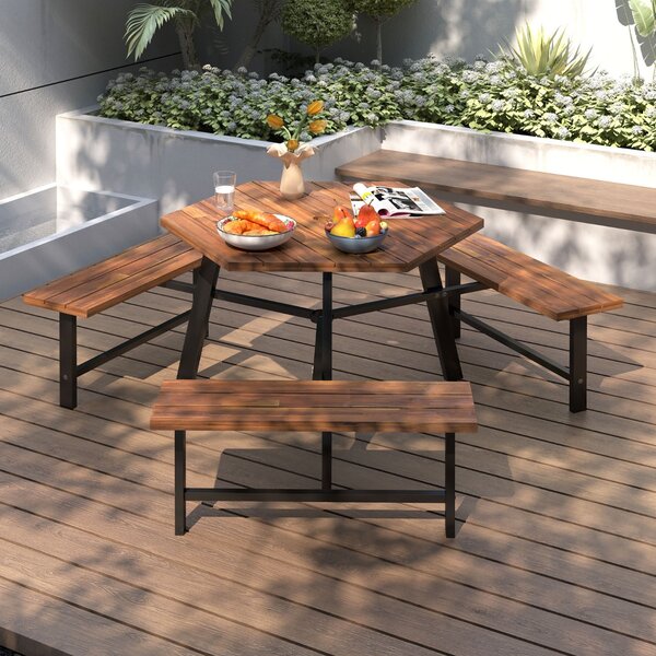 Costway Set tavolo da pranzo con panchine in legno di acacia per 6 persone, Tavolo da picnic con panchine foro per ombrellone Marrone