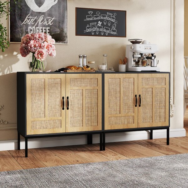Costway Armadietto boho con motivo asimmetrico con ripiano regolabile a 3 posizioni, Armadio portaoggetti in rattan per cucina Nero