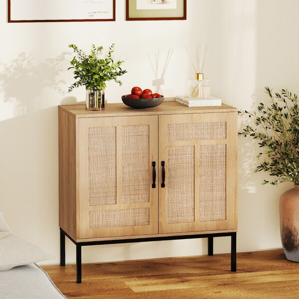 Costway Armadietto boho con motivo asimmetrico con ripiano regolabile a 3 posizioni, Armadio portaoggetti in rattan per cucina Naturale