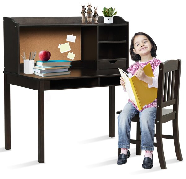 Costway Scrivania per bambini con sedia mensola bacheca in sughero da letto, Set scrivania e sedia per bambini postazione di lavoro Marrone