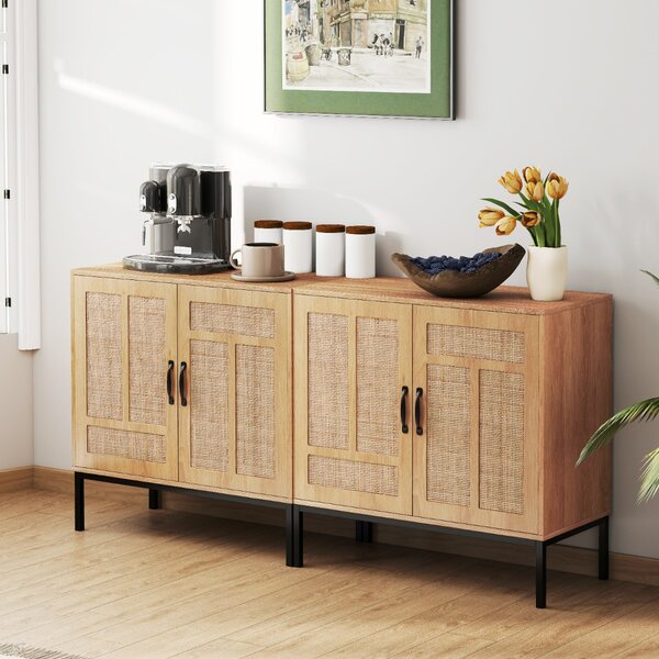 Costway Armadietto boho con motivo asimmetrico con ripiano regolabile a 3 posizioni, Armadio portaoggetti in rattan per cucina Naturale