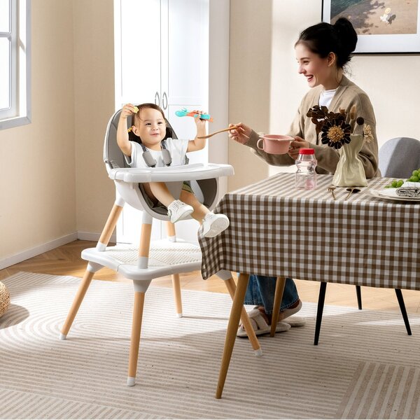 Costway Set tavolo sedia 6-in-1 convertibile con vassoio rimovibile, Sedia in legno per pranzo e studio per bambini Grigio