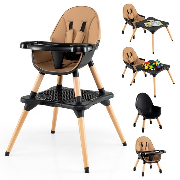 Costway Set tavolo sedia 6-in-1 convertibile con vassoio rimovibile, Sedia in legno per pranzo e studio per bambini Caffè