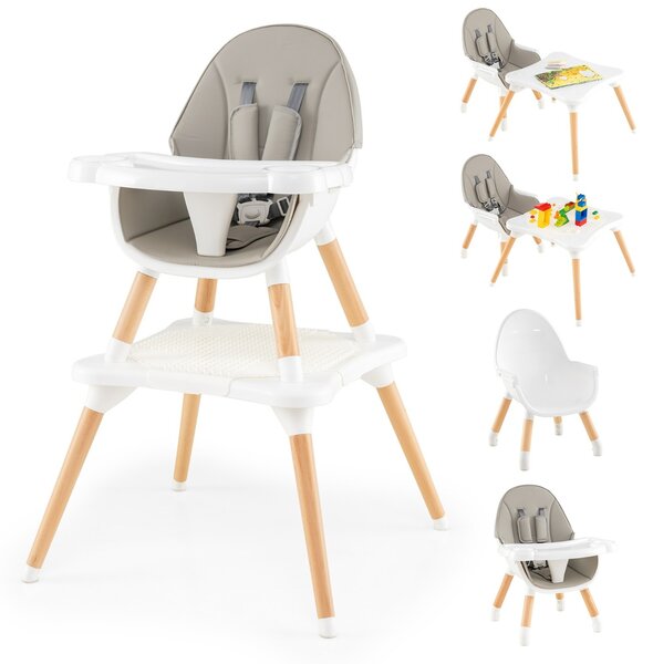 Costway Set tavolo sedia 6-in-1 convertibile con vassoio rimovibile, Sedia in legno per pranzo e studio per bambini Grigio