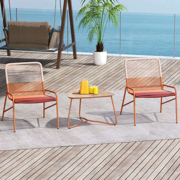 Costway Set di mobili in rattan da patio con sedie a gradiente e tavolo laterale in legno-plastica, Set bistro da esterno a 3 pezzi per balcone Arancione
