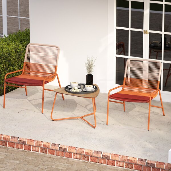 Costway Set di mobili in rattan da patio con sedie a gradiente e tavolo laterale in legno-plastica, Set bistro da esterno a 3 pezzi per balcone Arancione