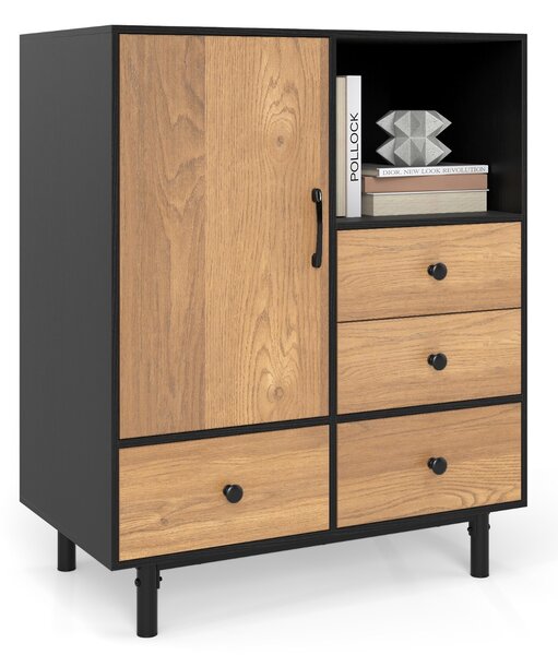 Costway Mobile contenitore moderno metà secolo con 4 cassetti e scomparto aperto, Buffet sideboard in metallo robuste per soggiorno Naturale