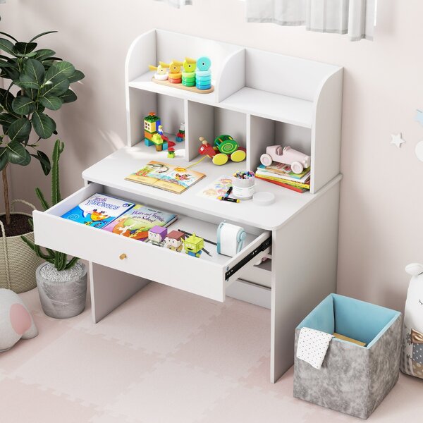 Costway Scrivania in legno per bambini con mensola e cassetto spazio di stoccaggio, Tavolo da scrittura per lettura 80x48x102cm Bianco