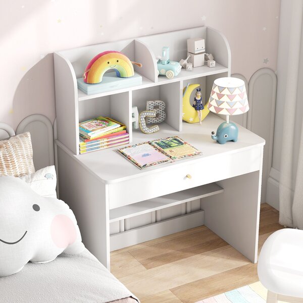 Costway Scrivania in legno per bambini con mensola e cassetto spazio di stoccaggio, Tavolo da scrittura per lettura 80x48x102cm Bianco