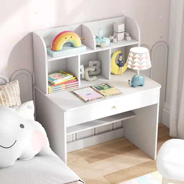 Costway Scrivania in legno per bambini con mensola e cassetto spazio di stoccaggio, Tavolo da scrittura per lettura 80x48x102cm Bianco