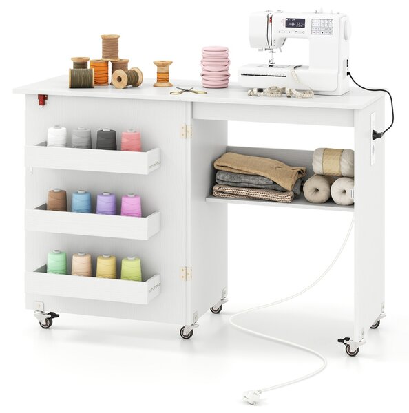 Costway Tavolo da cucito pieghevole con ripiano e contenitori, Mobiletto di stoccaggio multifunzionale su ruote bloccabili Bianco