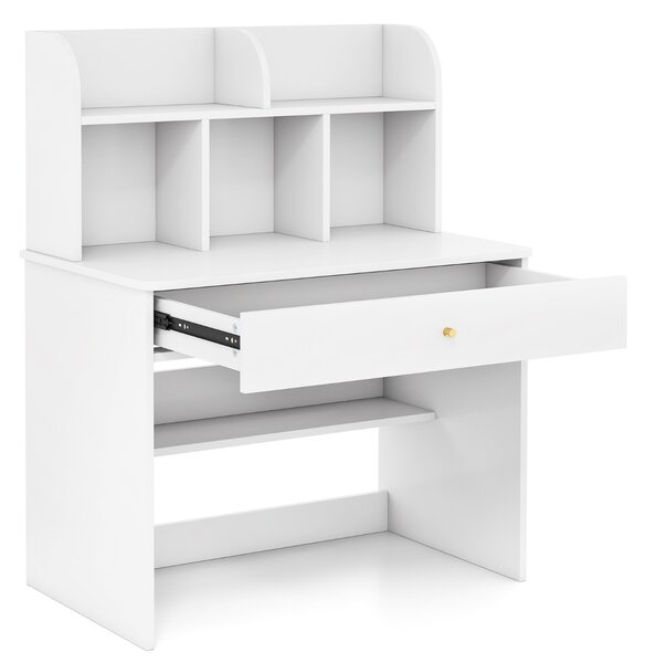 Costway Scrivania in legno per bambini con mensola e cassetto spazio di stoccaggio, Tavolo da scrittura per lettura 80x48x102cm Bianco