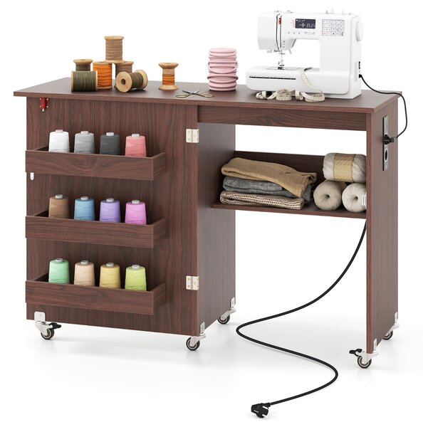 Costway Tavolo da cucito pieghevole con ripiano e contenitori, Mobiletto di stoccaggio multifunzionale su ruote bloccabili Marrone