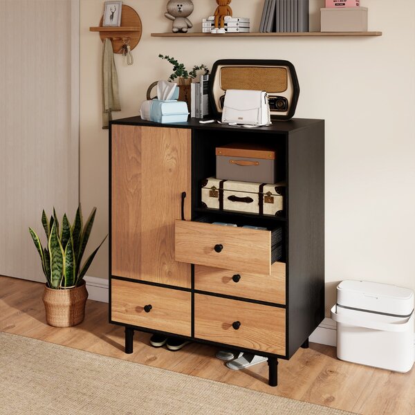Costway Mobile contenitore moderno metà secolo con 4 cassetti e scomparto aperto, Buffet sideboard in metallo robuste per soggiorno Naturale