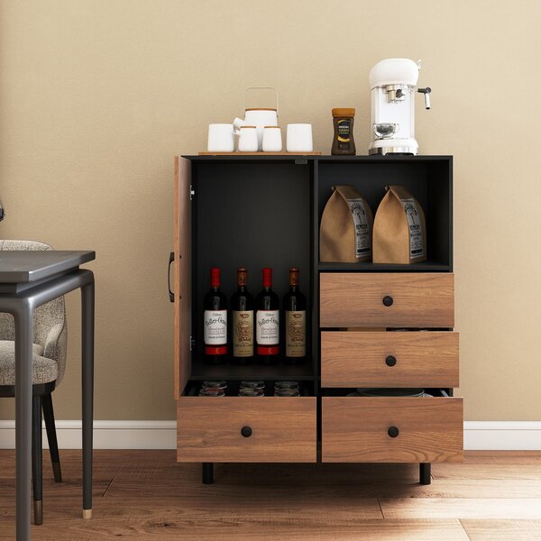 Costway Mobile contenitore moderno metà secolo con 4 cassetti e scomparto aperto, Buffet sideboard in metallo robuste per soggiorno Naturale
