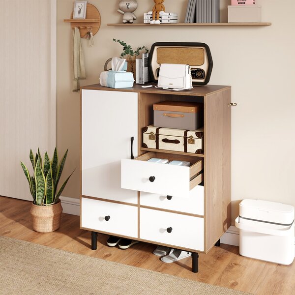 Costway Mobile contenitore moderno metà secolo con 4 cassetti e scomparto aperto, Buffet sideboard in metallo robuste per soggiorno Bianco
